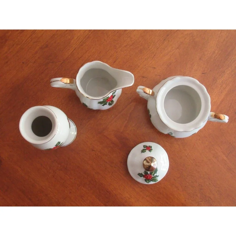 Lefton China Christmas Holly Berry Sugar Bowl Lidded Creamer Bud Vase Japan
